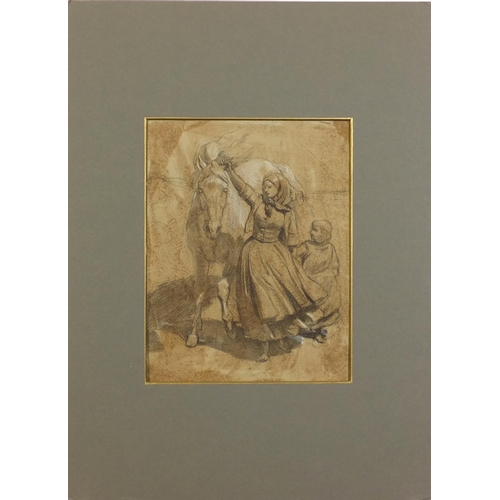 3670 - Friedrich Wilhelm Keyl - Mother and child with a horse, pencil and chalk on paper, inscribed employe... 