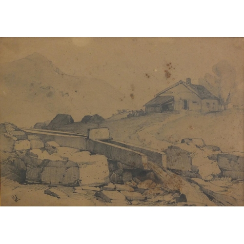 3435 - John Callow - Stream before farm building and mountains, 19th century pencil, mounted, unframed, 37c... 