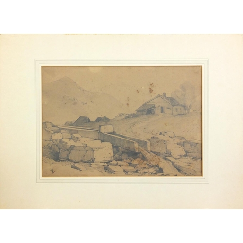 3435 - John Callow - Stream before farm building and mountains, 19th century pencil, mounted, unframed, 37c... 