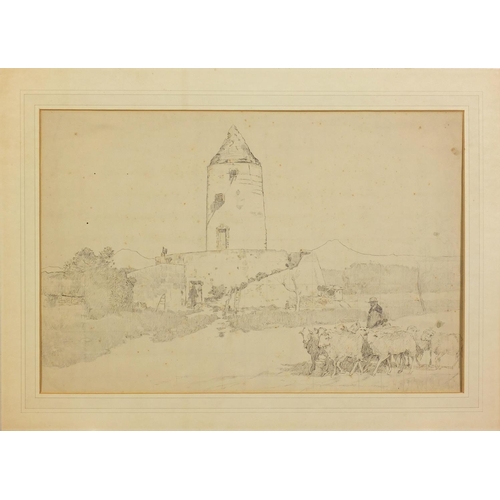 3620 - James Kerr-Lawson - Farmer with cattle, 19th century preliminary pencil sketch, mounted, unframed, 4... 