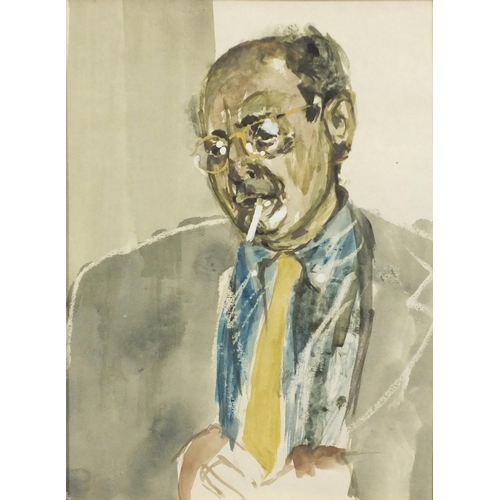 3758 - Portrait of a man smoking and still life, three ink and watercolours, one inscribed Hilda Spofford, ... 