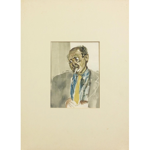 3758 - Portrait of a man smoking and still life, three ink and watercolours, one inscribed Hilda Spofford, ... 