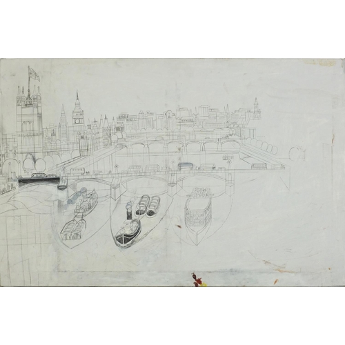 3066 - Alfred Daniels - Lambeth Palace and the House of Commons, preliminary pencil, watercolour and acryli... 