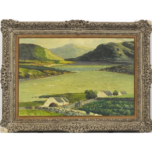 3233 - Manner of Maurice Canning Wilks - Coastal landscape, Irish school oil on board, mounted and framed, ... 