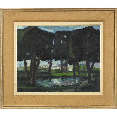 3621 - *WITHDRAWN* Trees surrounding a pond, oil on canvas board bearing and indistinct signature, mounted ... 