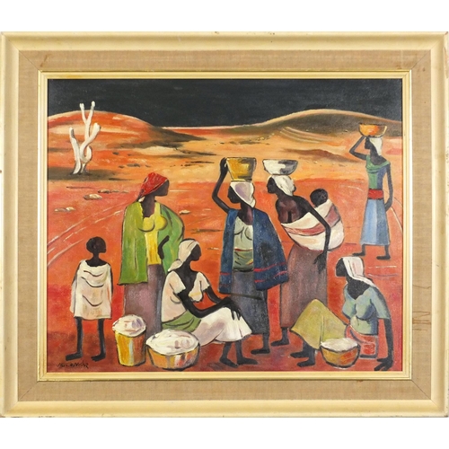 3671 - Water carriers, African school oil on board, mounted and framed, 59cm x 49cm