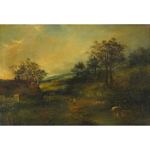 4254 - J Wallace - Farmer with sheep beside cottages, oil on canvas, framed, 59.5cm x 39.5cm