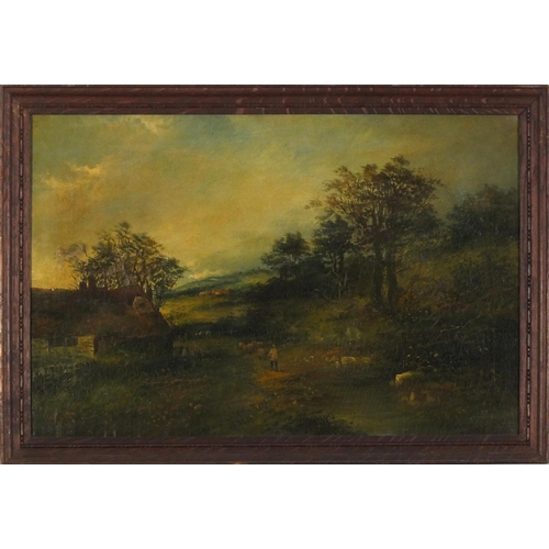 4254 - J Wallace - Farmer with sheep beside cottages, oil on canvas, framed, 59.5cm x 39.5cm