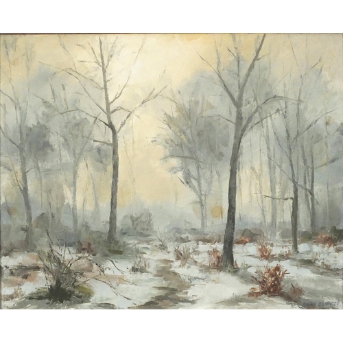 3968 - Brian Bennett - Snowy forest, oil on canvas, inscribed verso, framed, 50cm x 40cm