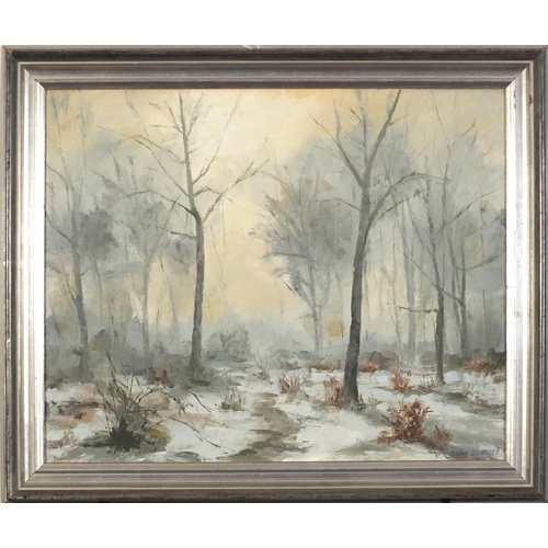 3968 - Brian Bennett - Snowy forest, oil on canvas, inscribed verso, framed, 50cm x 40cm