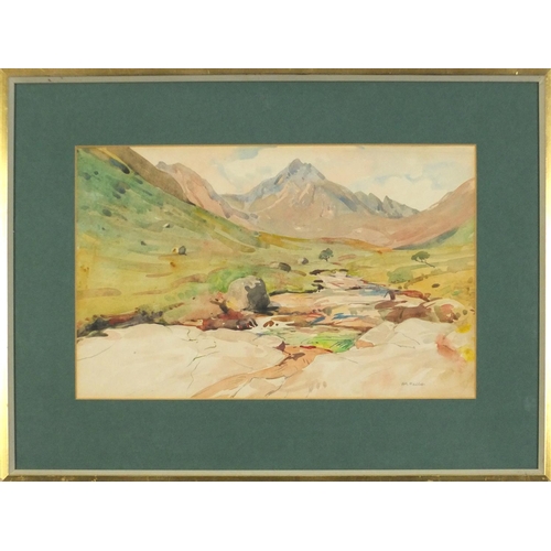 3757 - Willliam Walls - Highland Glen, watercolour, label verso, mounted, framed and glazed, 40cm x 25.5cm