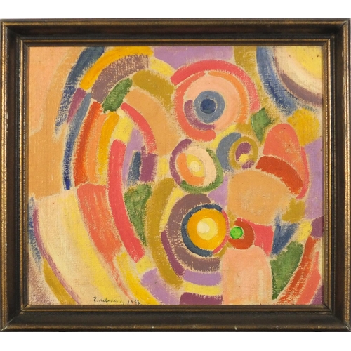 3581 - Manner of Robert Delaunay - Abstract composition, colourful shapes, French school oil on canvas, ins... 