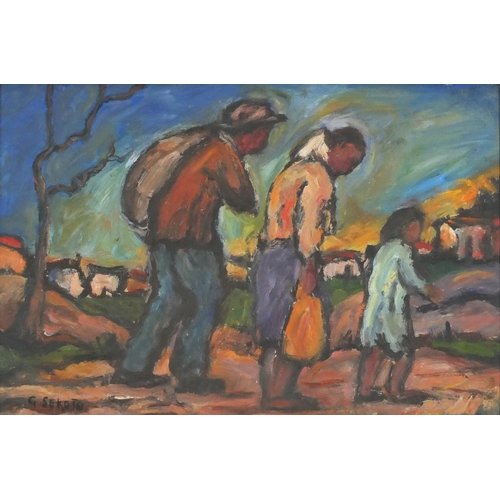 3400 - Manner of Gerard Sekoto - Family of three, African school oil on board, framed, 39cm x 26.5cm