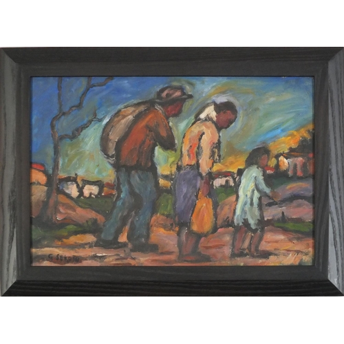 3400 - Manner of Gerard Sekoto - Family of three, African school oil on board, framed, 39cm x 26.5cm