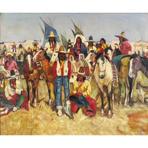 3967 - Native Americans, American school oil on board, framed, 59cm x 49.5cm