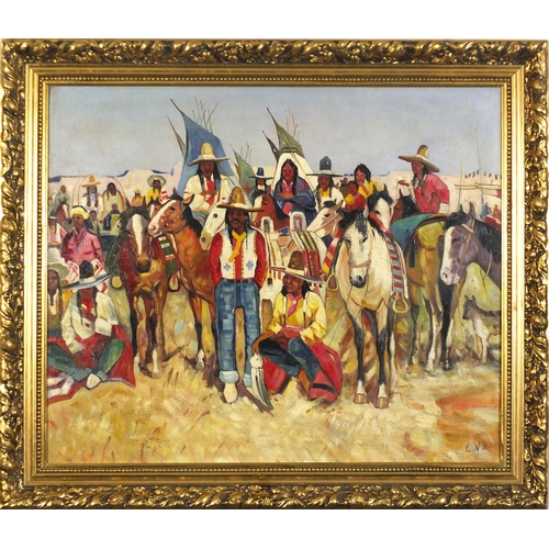 3967 - Native Americans, American school oil on board, framed, 59cm x 49.5cm