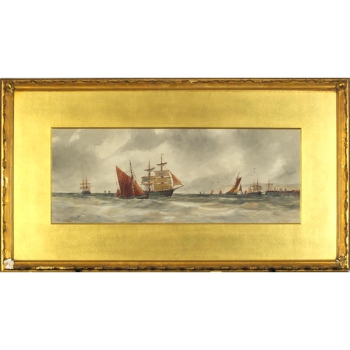 3437 - William Cannon 1900 - Off Deal, ships on rough seas, watercolour, inscribed label verso, mounted, fr... 