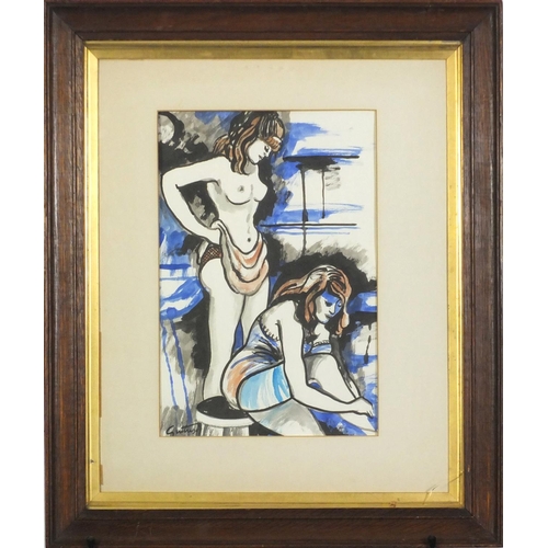 3438 - Two females bathing, watercolour and gouache, mounted, framed and glazed, 36cm x 24cm