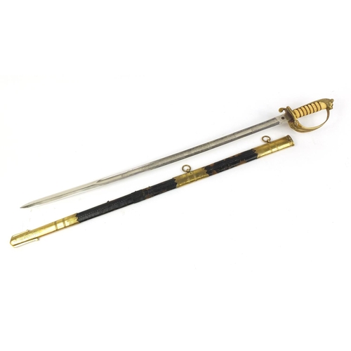 3532 - Victorian Naval Officer's sword with leather scabbard and engraved steel blade, 96.5cm in length