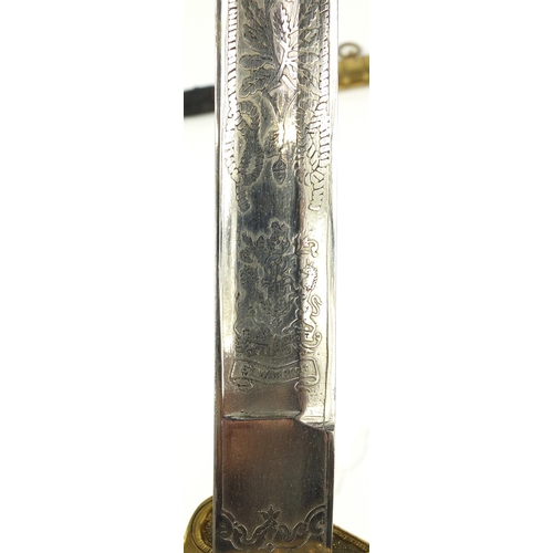 3532 - Victorian Naval Officer's sword with leather scabbard and engraved steel blade, 96.5cm in length