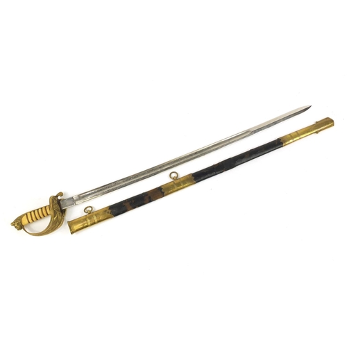 3532 - Victorian Naval Officer's sword with leather scabbard and engraved steel blade, 96.5cm in length