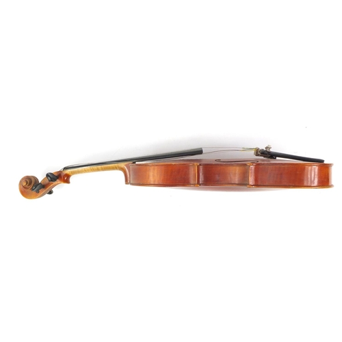 3461 - Old wooden violin with bow having mother of pearl and ivory frog and a fitted case, the violin beari... 