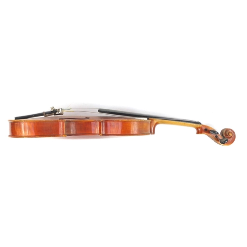 3461 - Old wooden violin with bow having mother of pearl and ivory frog and a fitted case, the violin beari... 