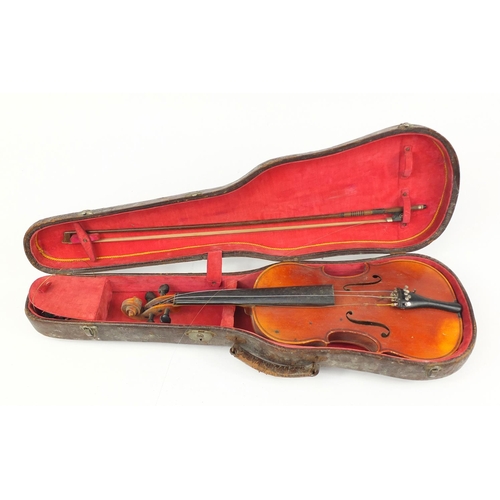 3461 - Old wooden violin with bow having mother of pearl and ivory frog and a fitted case, the violin beari... 