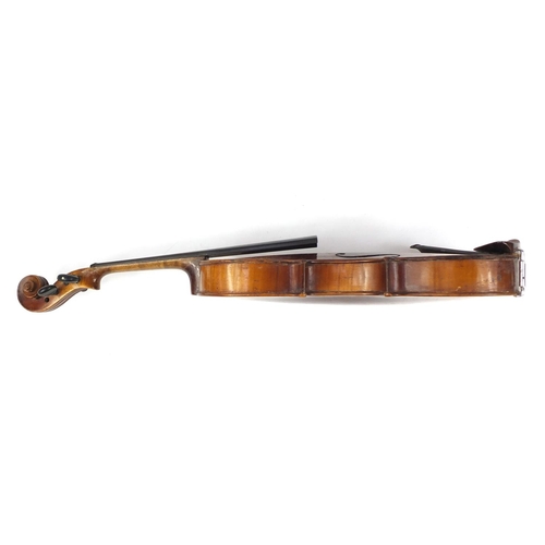 3463 - Old wooden violin with bow having mother of pearl frog and a fitted case, the violin bearing a W Tho... 