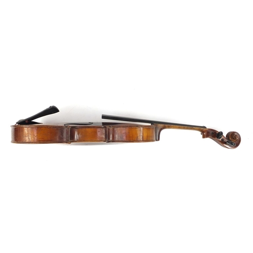 3463 - Old wooden violin with bow having mother of pearl frog and a fitted case, the violin bearing a W Tho... 