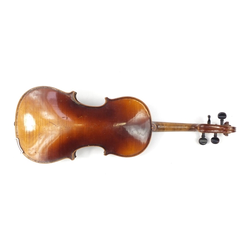 3463 - Old wooden violin with bow having mother of pearl frog and a fitted case, the violin bearing a W Tho... 