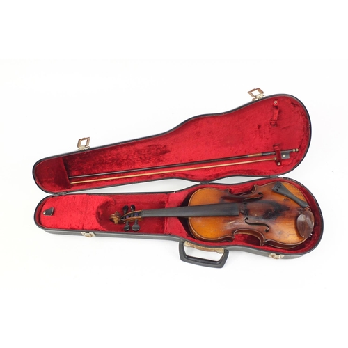 3463 - Old wooden violin with bow having mother of pearl frog and a fitted case, the violin bearing a W Tho... 