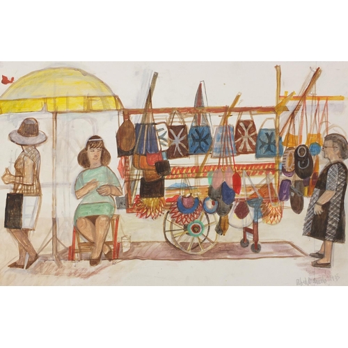 3070 - Alfred Daniels - Market stall and figures at tables, two watercolour and mixed media's, one signed a... 