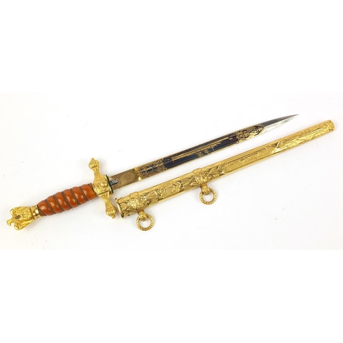 3110 - Good German military interest naval dagger with scabbard, the gilt blade finely engraved with a ship... 