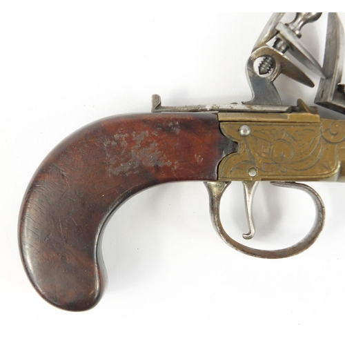 3202 - 19th century flintlock pocket pistol with walnut grip, 19.5cm in length