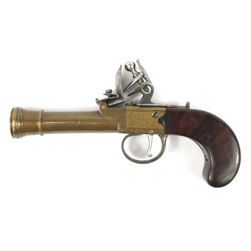 3202 - 19th century flintlock pocket pistol with walnut grip, 19.5cm in length