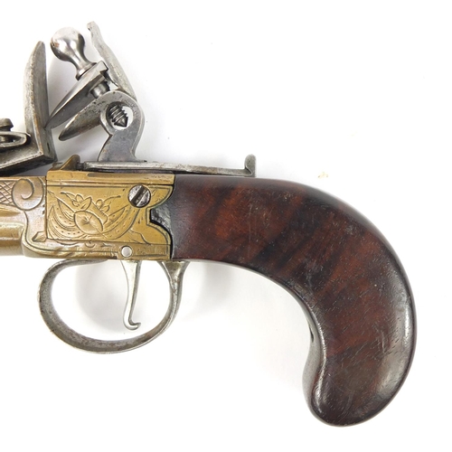 3202 - 19th century flintlock pocket pistol with walnut grip, 19.5cm in length