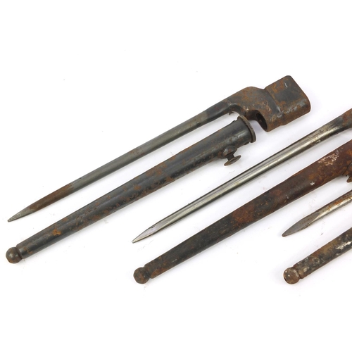 3781 - Three British military socket bayonets with scabbards, each 27.5cm in length