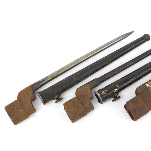 3297 - Three British military socket bayonets with scabbards, each 27.5cm in length