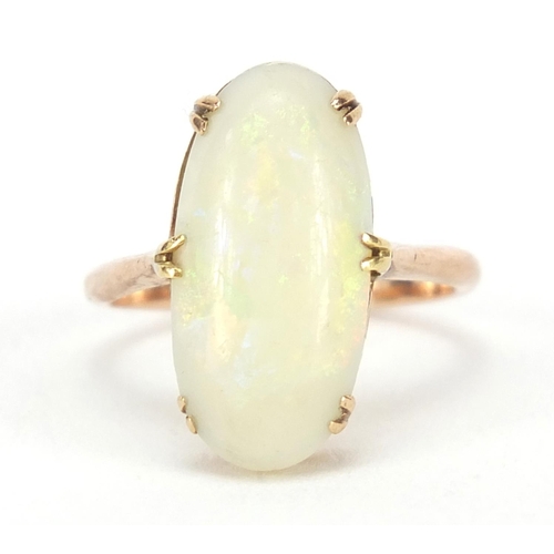 3223 - Unmarked gold Cabochon opal ring, (tests as 9ct gold) size L, 3.0g