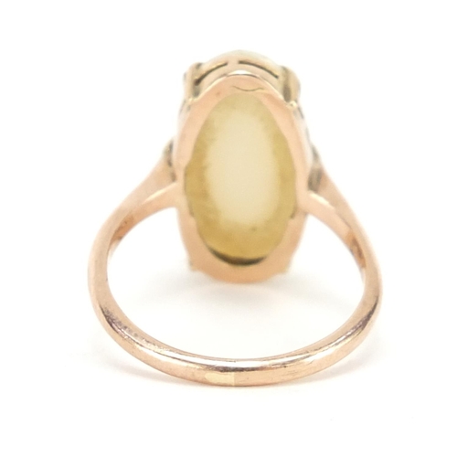 3223 - Unmarked gold Cabochon opal ring, (tests as 9ct gold) size L, 3.0g