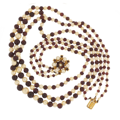 4016 - Three row garnet and pearl necklace with 9ct gold clasp, DHJ maker's mark, housed in a JB Yabsley bo... 