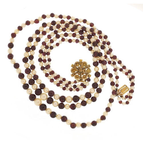 4016 - Three row garnet and pearl necklace with 9ct gold clasp, DHJ maker's mark, housed in a JB Yabsley bo... 