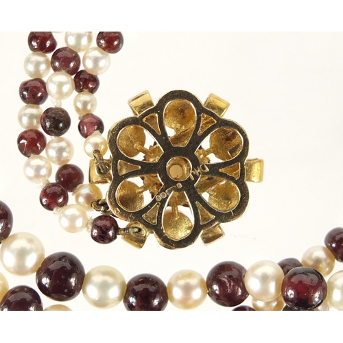 4016 - Three row garnet and pearl necklace with 9ct gold clasp, DHJ maker's mark, housed in a JB Yabsley bo... 