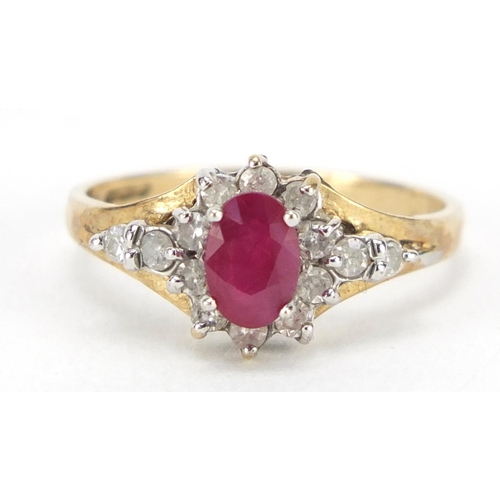 3377 - 9ct gold ruby and diamond ring, size K, 1.8g