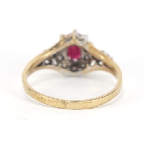 3377 - 9ct gold ruby and diamond ring, size K, 1.8g