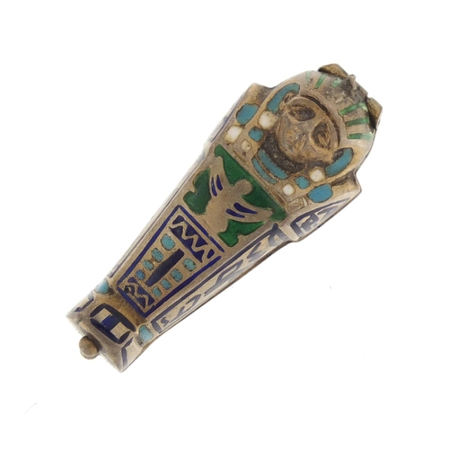 3477 - Egyptian Revival unmarked silver and enamel Tutankhamun pendant, opening to reveal an enamelled mumm... 