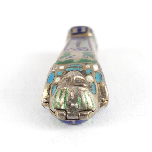 3477 - Egyptian Revival unmarked silver and enamel Tutankhamun pendant, opening to reveal an enamelled mumm... 