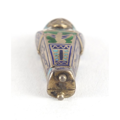 3477 - Egyptian Revival unmarked silver and enamel Tutankhamun pendant, opening to reveal an enamelled mumm... 