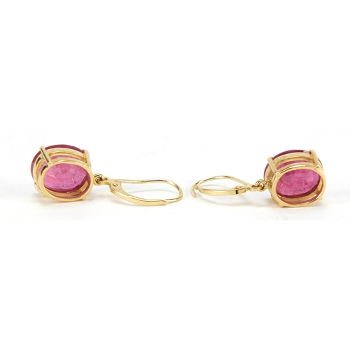 3722 - Pair of 18ct gold ruby earrings, 3cm in length